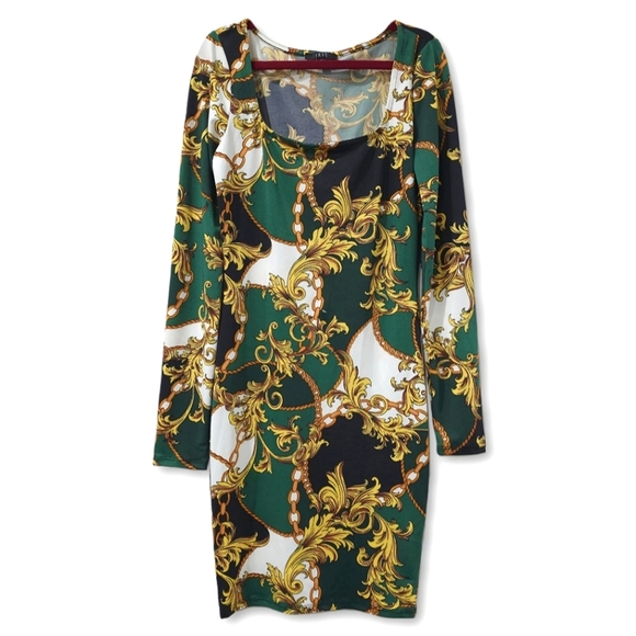 IRIS Long Sleeve Square Neck Bodycon Mini Dress in Green with Gold Filagree, S - Picture 1 of 14
